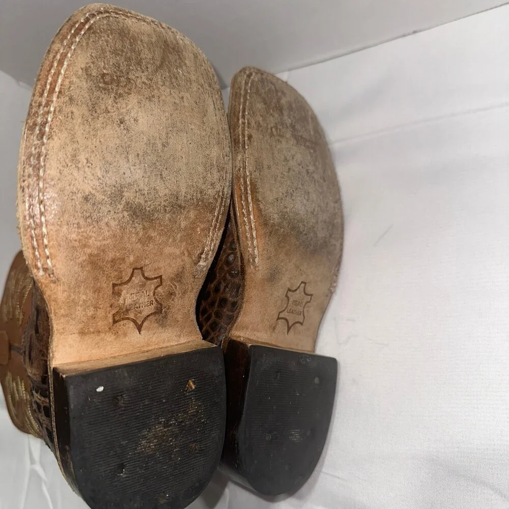 Old West Kids 12.5 D Cowboy Boots Brown Croc Embossed Leather Square Toe